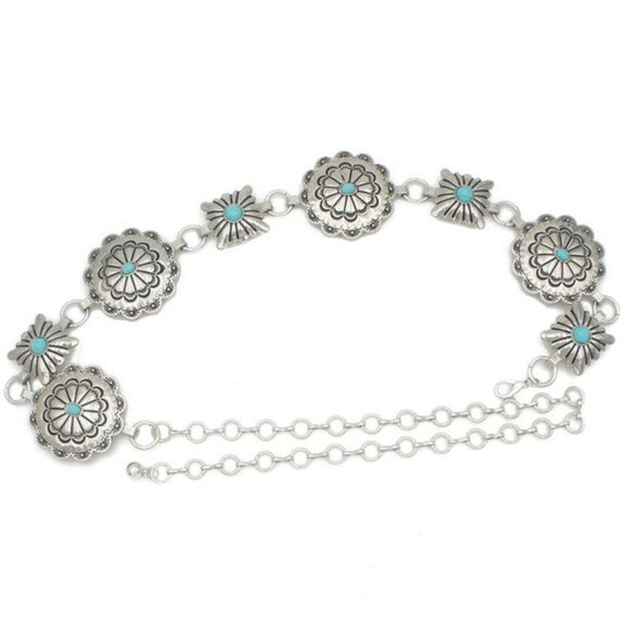 Women Western Circle and Square Chain Belt Concho Chain Adjustable Turquoise - Picture 1 of 2